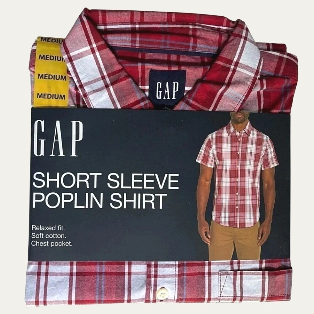 GAP Short Sleeve Poplin Plaid Button Down Shirt Relaxed Fit Mens Medium NWT
